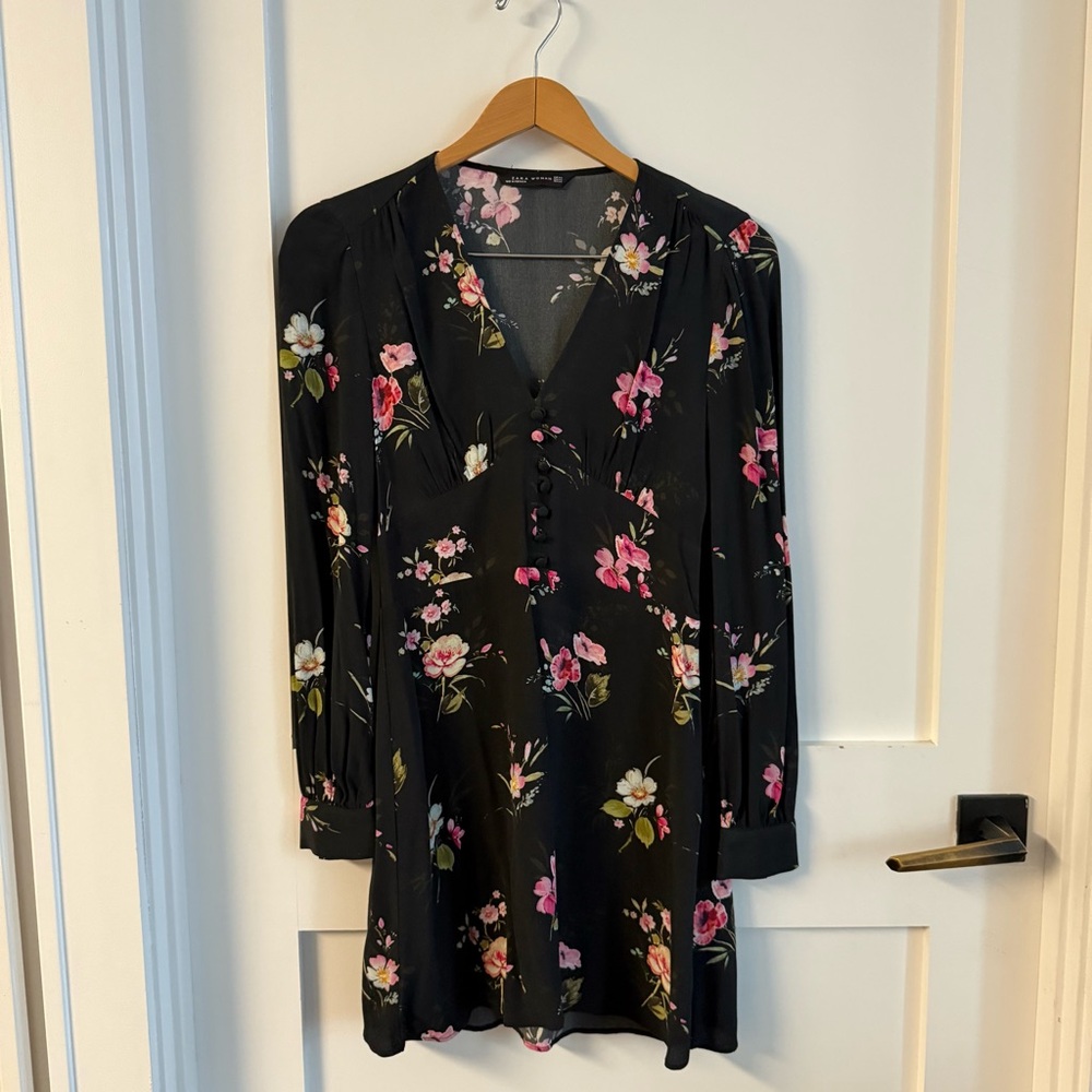 Long sleeve mini Black Dress with Pink Floral and self covered button front